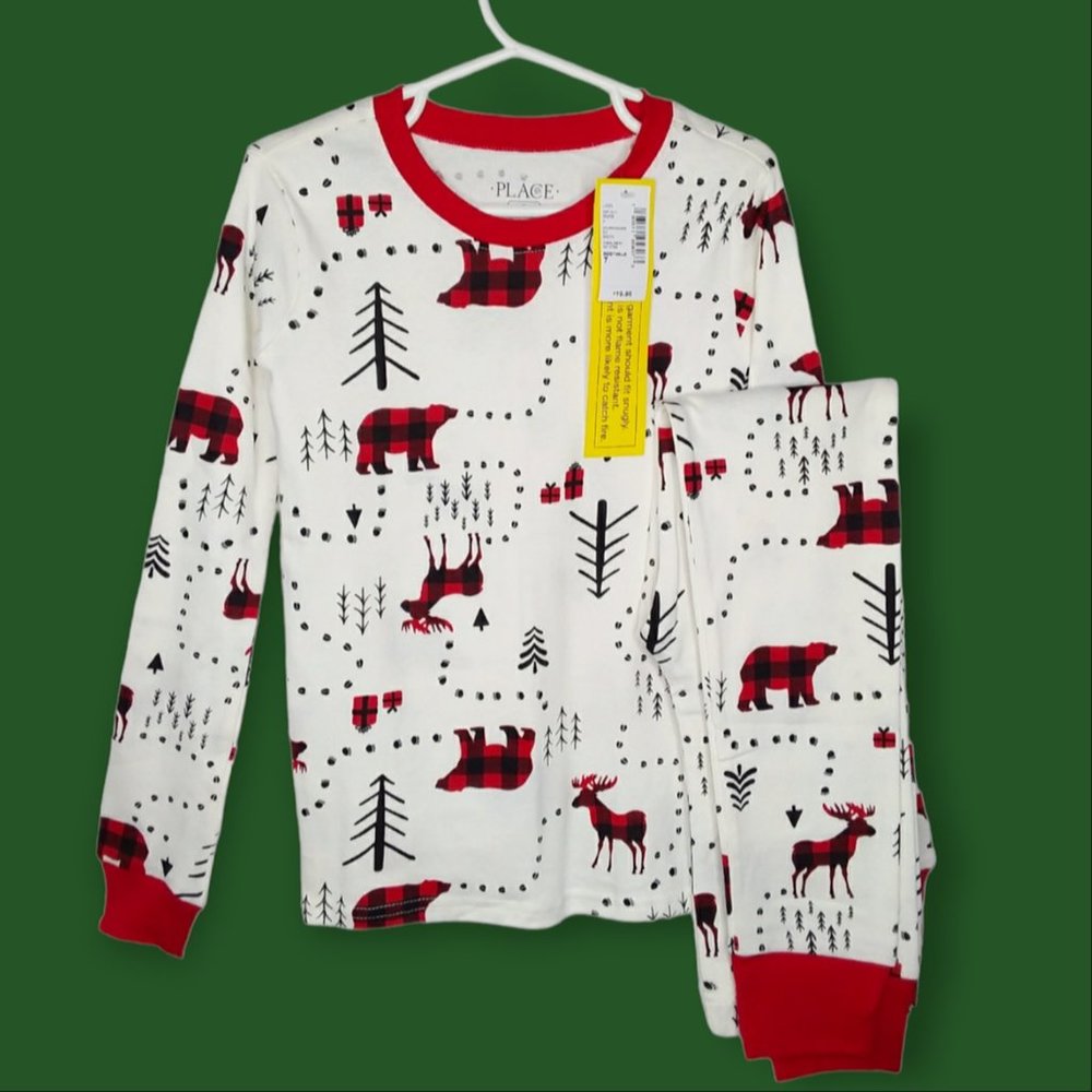 NWT The Children's Place 100% Cotton Pajama Set Adult Small Plaid Bear Moose